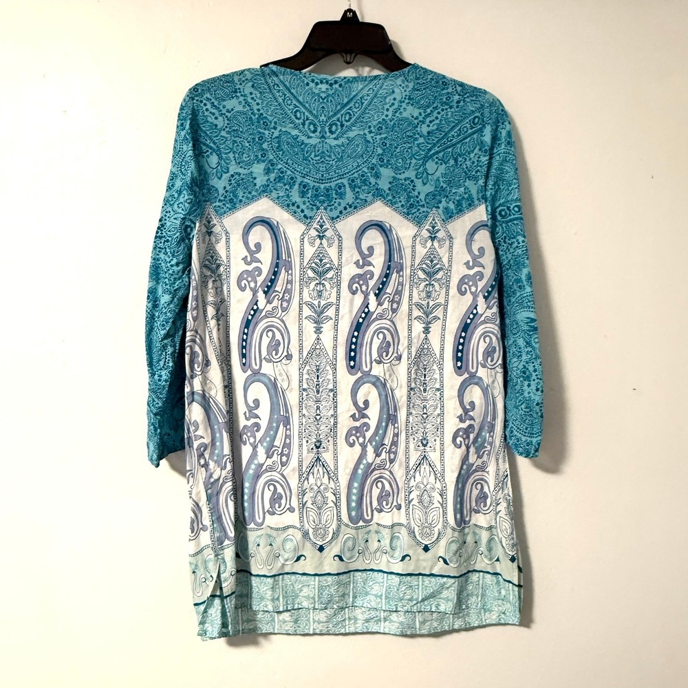 Chicos Womens Blue Paisley Cotton Tunic Top Sequin V-Neck Tassel Size 1 Medium - Picture 7 of 15